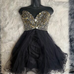 Night Moves Strapless  Black tulle and Gold and Silver Embellished Prom Dress